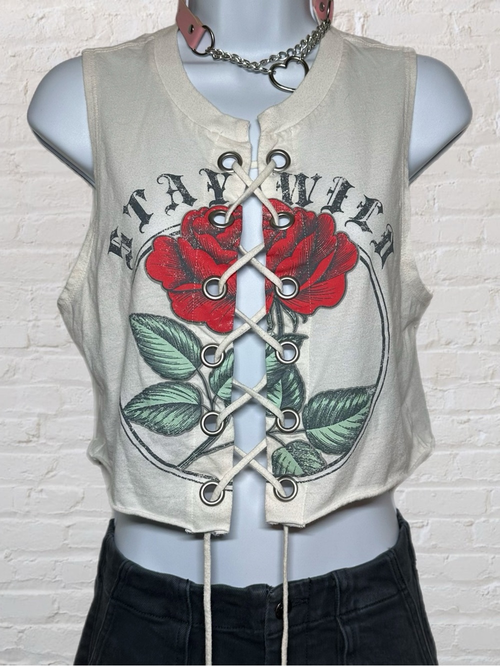 Stay Wild Trashy Y2K Rose Graphic Lace Up Muscle Cotton Crop Tank in Size Medium